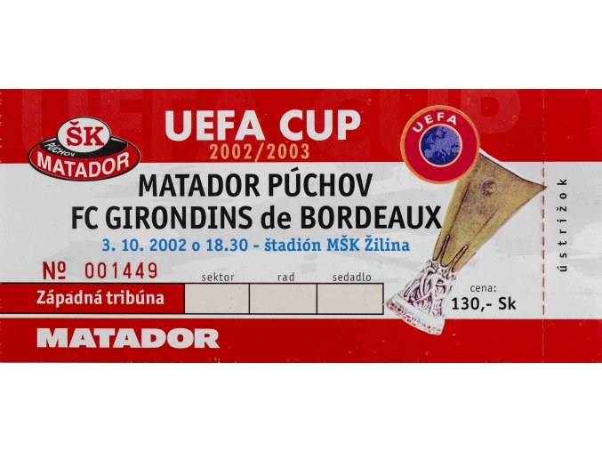 Vstupenka UEFA, Matador Půchov v. FC Girondins Bordeaux, 2002 (2)