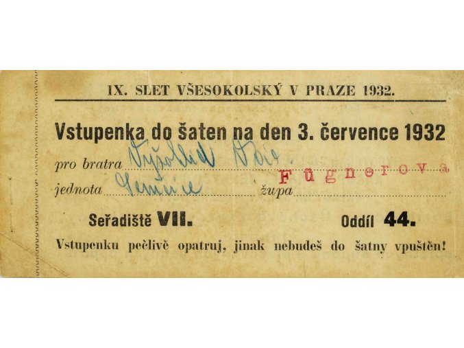 Vstupenka X. všesokolský slet v Praze, do šaten na 3.VII (1)