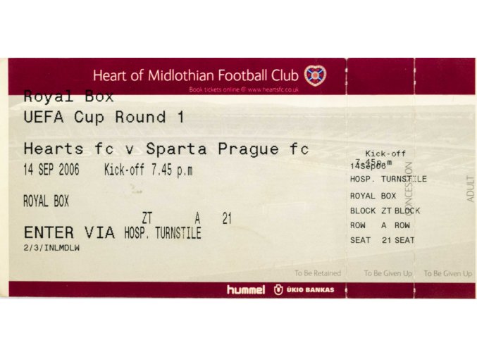 Vstupenka fotbal UEFA, Hearts FC v. Sparta Prague, 2006