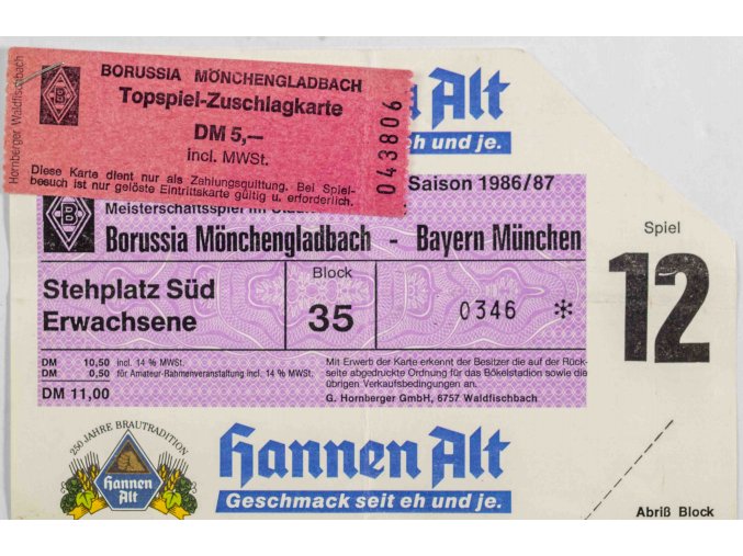 Vstupenka fotbal , Borussia Monchengladbach v. Bayern Munchen, 1986