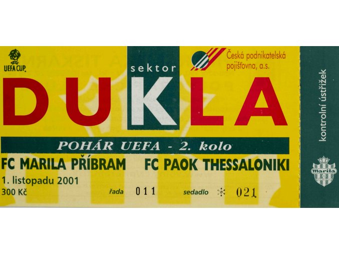Vstupenka fotbal UEFA, Marila Příbram v. FC Paok Thessaloniki, 2001