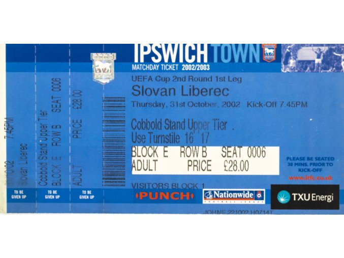 Vstupenka fotbal UEFA , Ipswich Town v. Slovan Liberec, 200