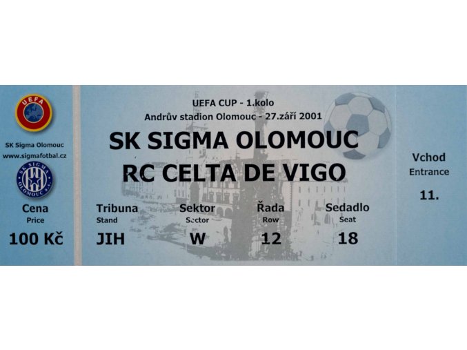 Vstupenka fotbal UEFA, Sigma Olomouc v. RC Celta Vigo, 2001, blue (1)
