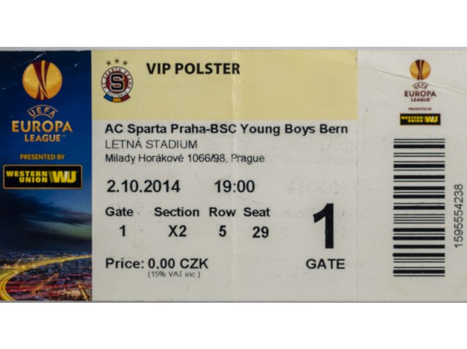 Vstupenka UEFA,VIP, AC Sparta Praha v. BSC Young Boys Bern, 2014