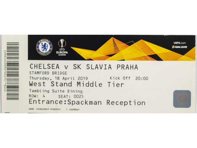 Vstupenka fotbal Chelsea v.SK Slavia Prague , 2019 (2)
