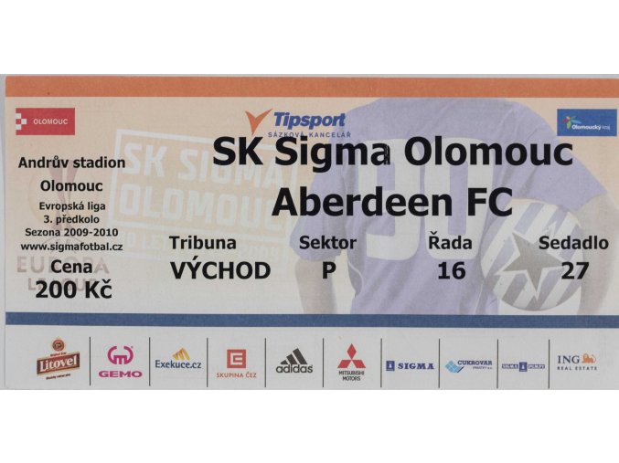 Vstupenka fotbal UEFA, Sigma Olomouc v. Aberdeen, 2009