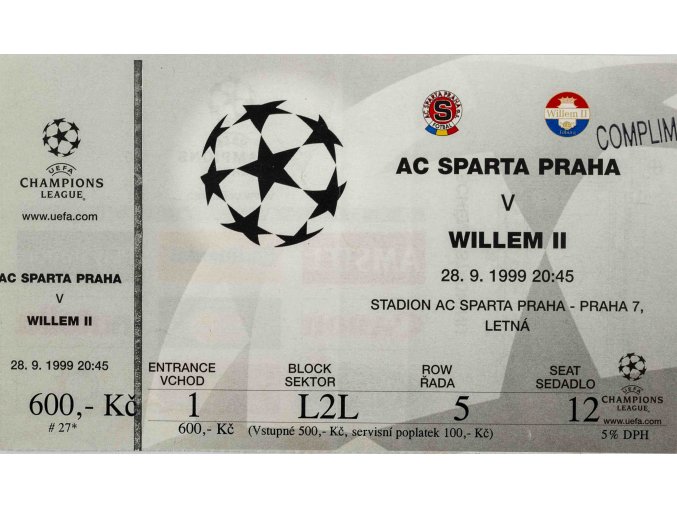 Vstupenka fotbal UEFA CHL, AC Sparta Praha v. Willem II, 1999 (2)