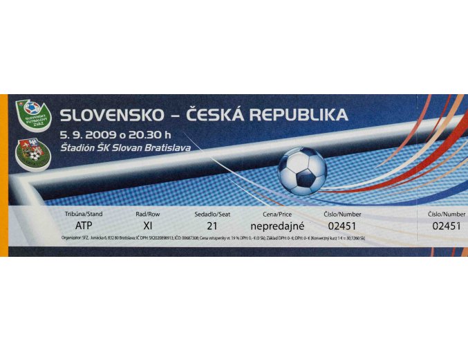 Vstupenka fotbal , Slovensko v. Česká repubilka, 2009