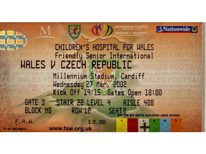 Vstupenka fotbal , Wales v. Czech republic, 2002