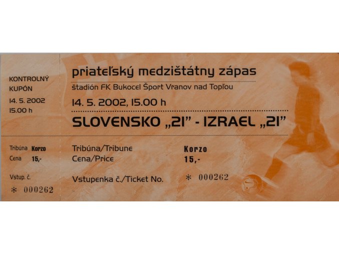 Vstupenka fotbal , U21 Slovensko v. Izrael, 2002