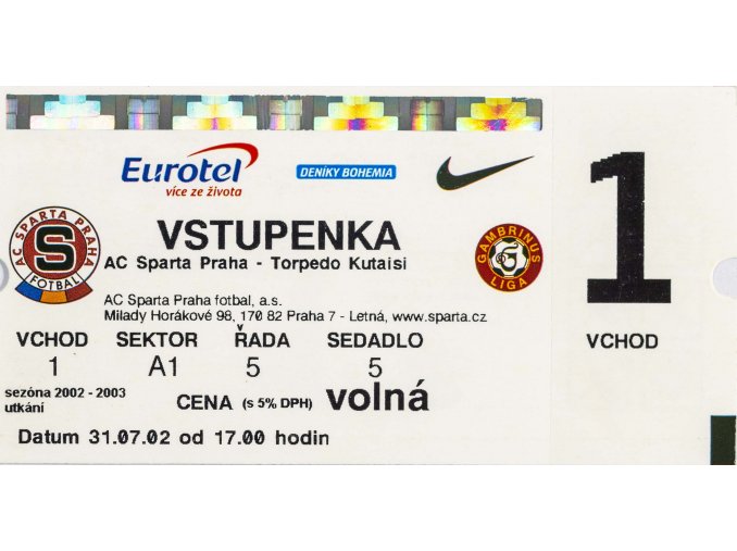 Vstupenka fotbal, Ac Sparta Praha v. Torpedo Kutaisi, 2002