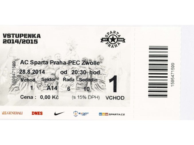 Vstupenka fotbal, AC Sparta Praha v. PEC Zwolle, 2014