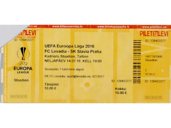 Vstupenka fotbal , UEFA, FC Levadia v. SK Slavia Praha, 2016