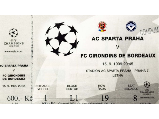 Vstupenka fotbal , UEFA CHL, AC Sparta Praha v. FC Girondins Bordeaux, 1999