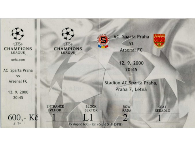 Vstupenka fotbal , UEFA CHL, AC Sparta Praha v. Arsenal FC, 2000