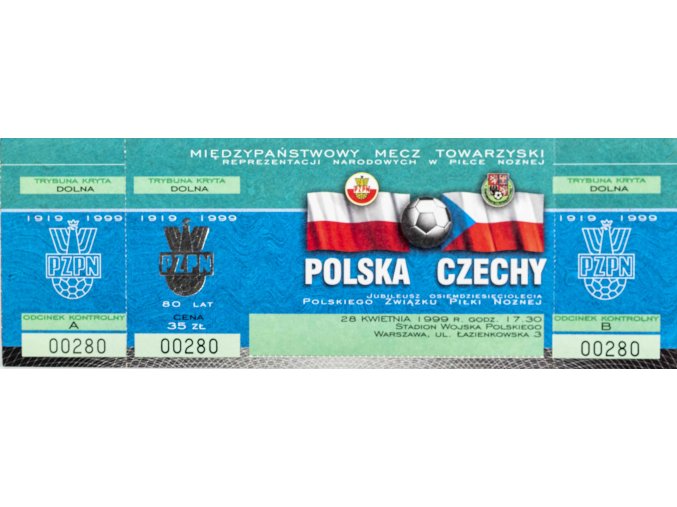 Vstupenka fotbal, Polska Czechy, 1999