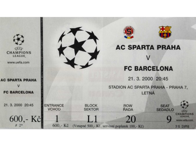 Vstupenka AC Sparta v. Barcelona FC, CHL, 2000 (2)