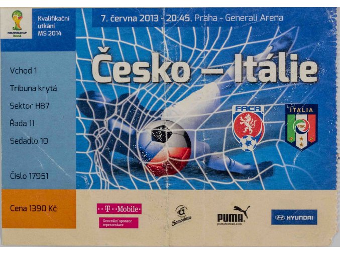 Vstupenka fotbal, QMS14, ČR v. Itálie, 2013