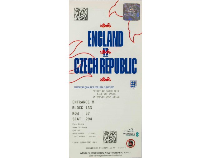 Vstupenka fotbal, QMS2020, England v. Czech Republic, 2019