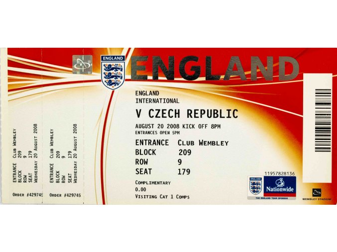 Vstupenka fotbal, England v. Czech Republic, 2008