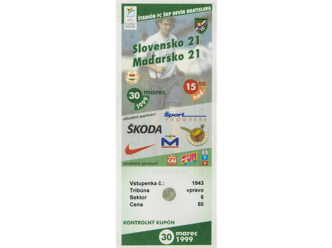 Vstupenka fotbal U21, Slovensko v. Maďarsko, 1999