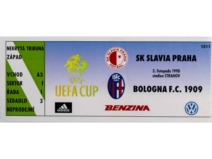 Vstupenka fotbal SK Slavia Praha vs . Bologna FC 1909, 1998