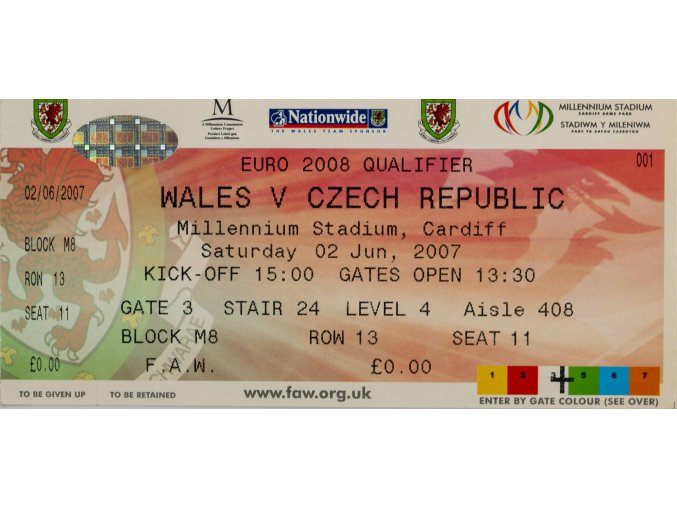 Vstupenka fotbal, QE08, Wales v. Czech republic, 2007