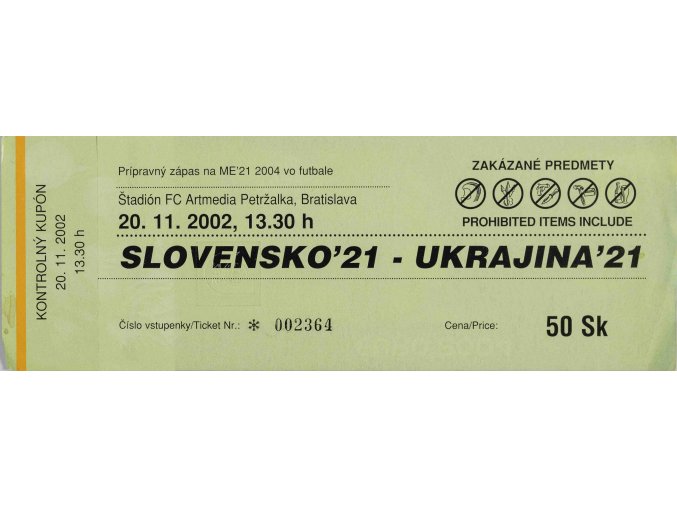 Vstupenka UEFA , Slovensko U21 v. Ukraina U21, 2002