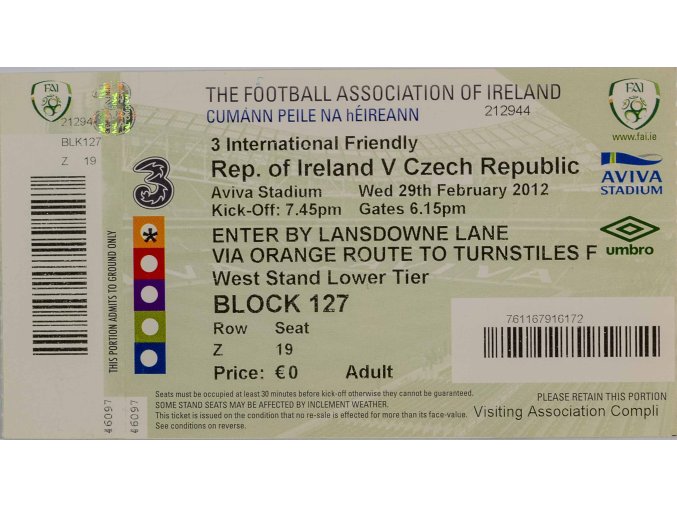 Vstupenka fotbal , WCQ 2010, Rep. of Ireland v. Czech republic, 2012