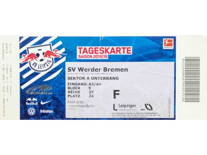 Vstupenka fotbal , Tageskarte, SV Werden Bremen, 2018