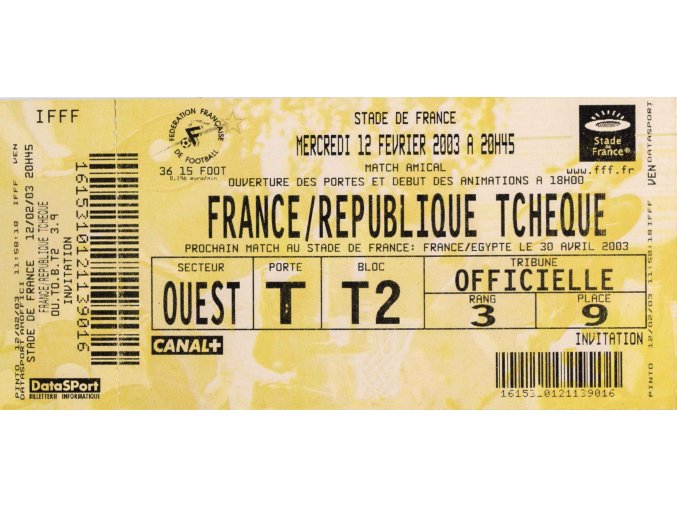 Vstupenka fotbal, France v. Republique Tcheque, 2003