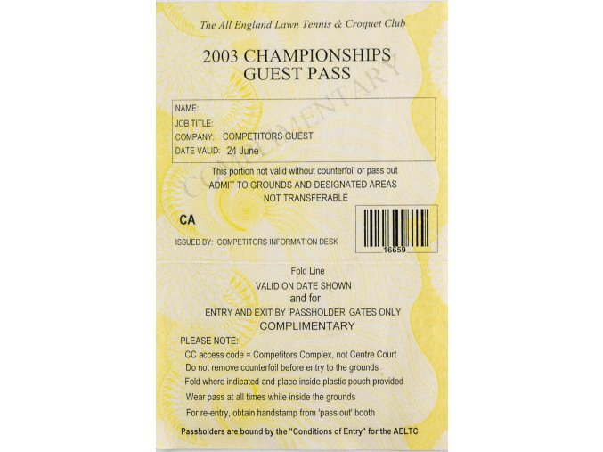 Vstupenka , 2003 Championships Guest Card, complimentary. Wimbledon