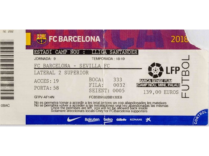 Vstupenka fotbal, FC Barcelona v. Sevilla FC, 2018