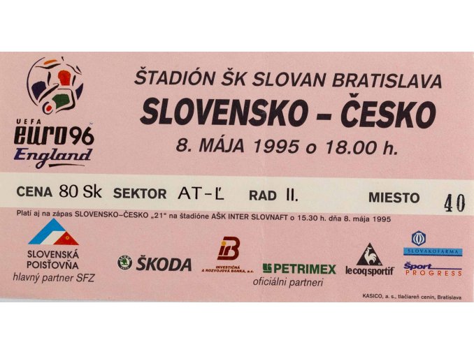 Vstupenka fotbal, QEuro 1996, Slovensko v. R, 1995