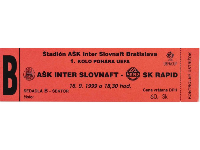 Vstupenka fotbal, AŠK Slovan Bratislava v. SK Rapid, 1999, B