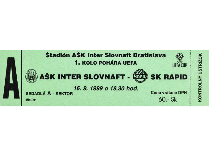 Vstupenka fotbal, AŠK Slovan Bratislava v. SK Rapid, 1999, A