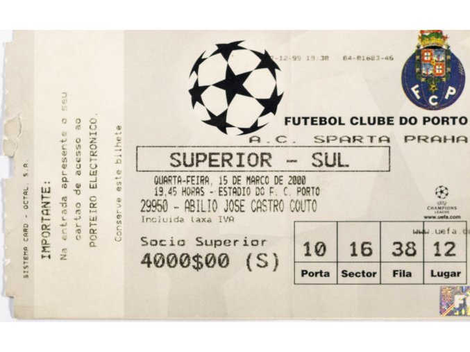 Vstupenka fotbal, FC Porto v. Sparta Praha, 2000
