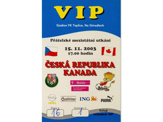 Vstupenka fotbal, ČR v. Kanada, 2003, VIP