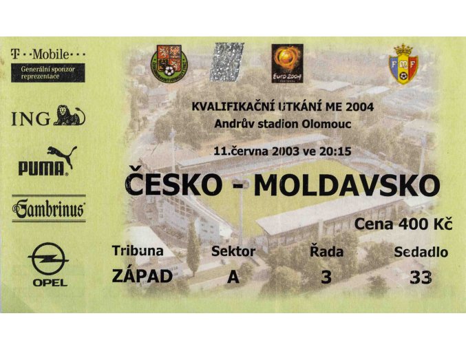 Vstupenka fotbal, QME 2004, ČR v. Moldavsko, 2003