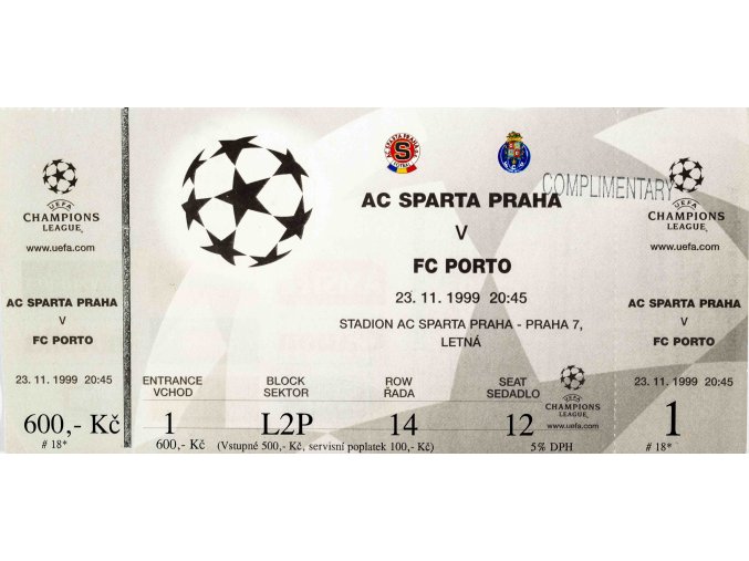 Vstupenka AC Sparta v. FC Porto, UEFA CHL, 1999, 2