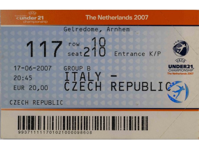 Vstupenka forbal, U21 CH, Italy v. Czech republic, The Nederlands, 2007