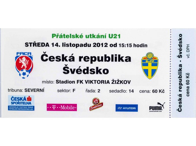 Vstupenka fotbal, U21, ČR v. Švédsko, 2012