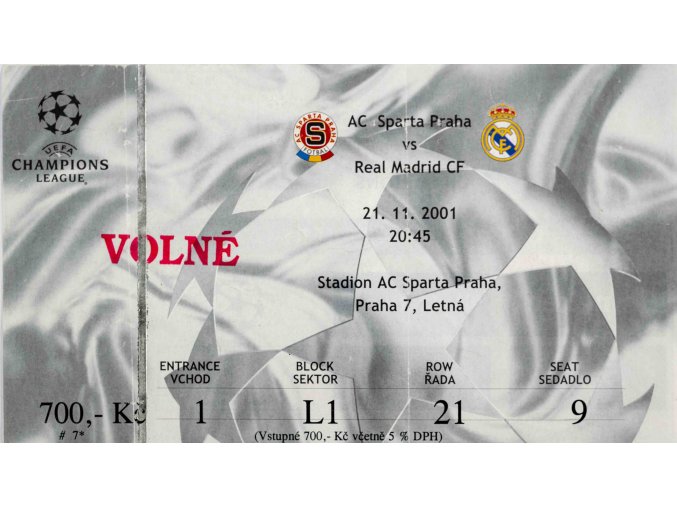 Vstupenka AC Sparta v. Real Madrid CF, UEFA CHL, 2001 (2)