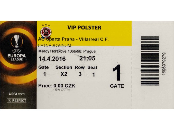 Vstupenka VIP, AC Sparta Praha v. Villarreal, CF, 2016