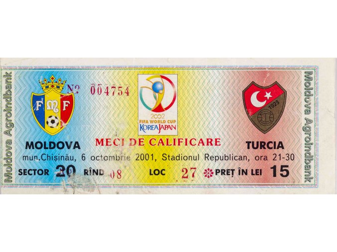 Vstupenka fotbal, Moldova v. Turcia, 2001