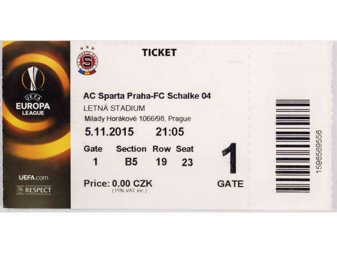 Vstupenka fotbal , UEFA, AC Sparta Praha FC Schalke 04, 2015
