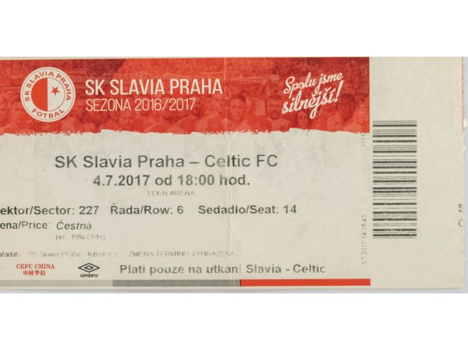 Vstupenka fotbal SK Slavia Praha v. Celtic FC, 2017 (2)