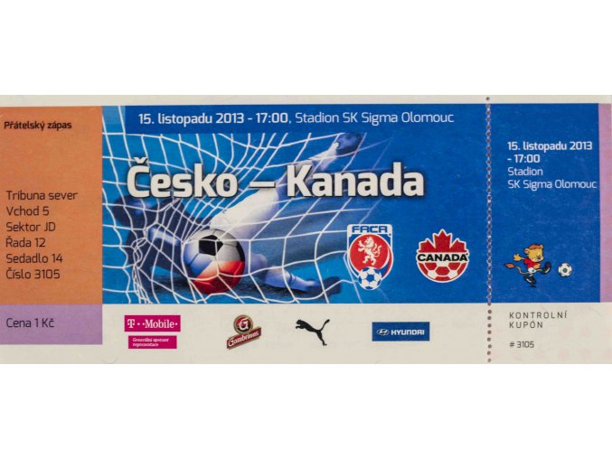 Vstupenka fotbal, ČR v. Kanada, 2013