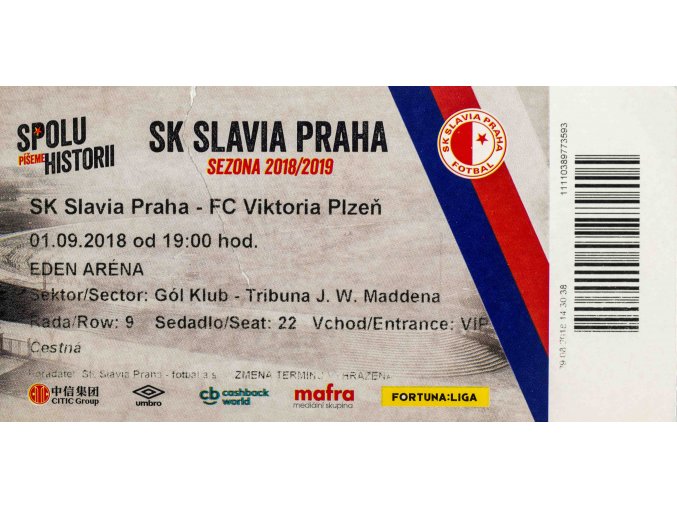 Vstupenka, SK Slavia Praha v. Plzen. 2018 (1)
