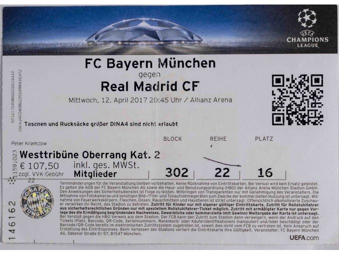 Vstupenka fotbal. FC Bayern v. Real Madrid FC, 2017